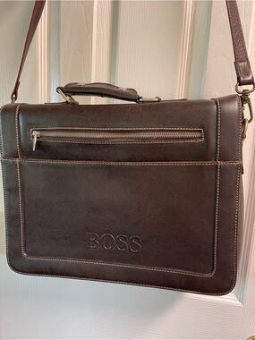 BOSS Brown Leather Briefcase with Shoulder Strap